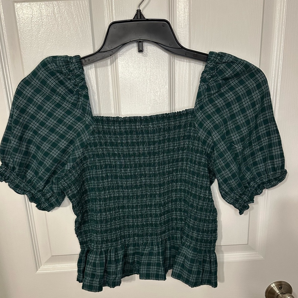 J. Crew Green Plaid Flannel Peasant Cropped Balloon Sleeve Peplum Top - Picture 3 of 3
